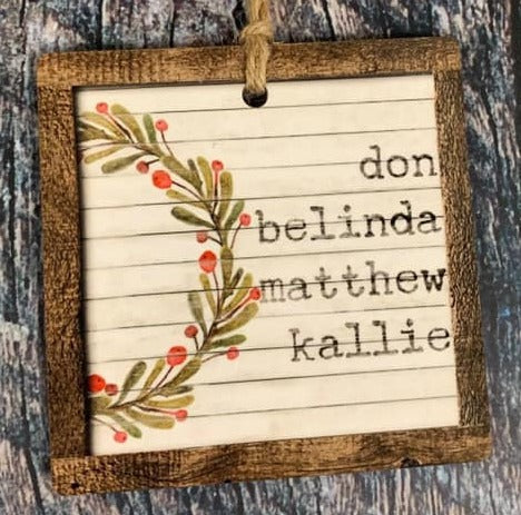 Wreath Family Name Wood Christmas Ornament or Tiered Tray Decoration.
