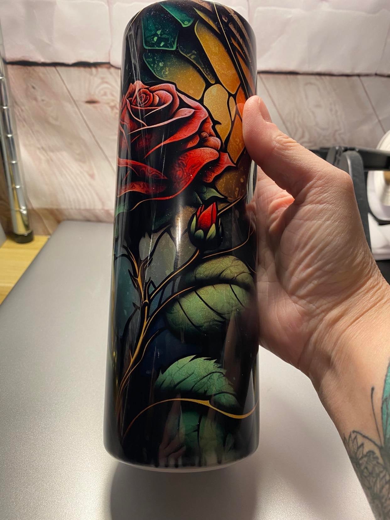 Whoopsie Tumbler Stained Glass Rose on Shimmer Tumbler