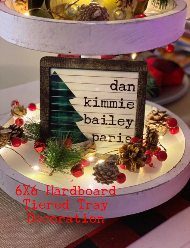 Green and Black Plaid Tree Family Name Wood Christmas Ornament/Tiered Tray Decoration