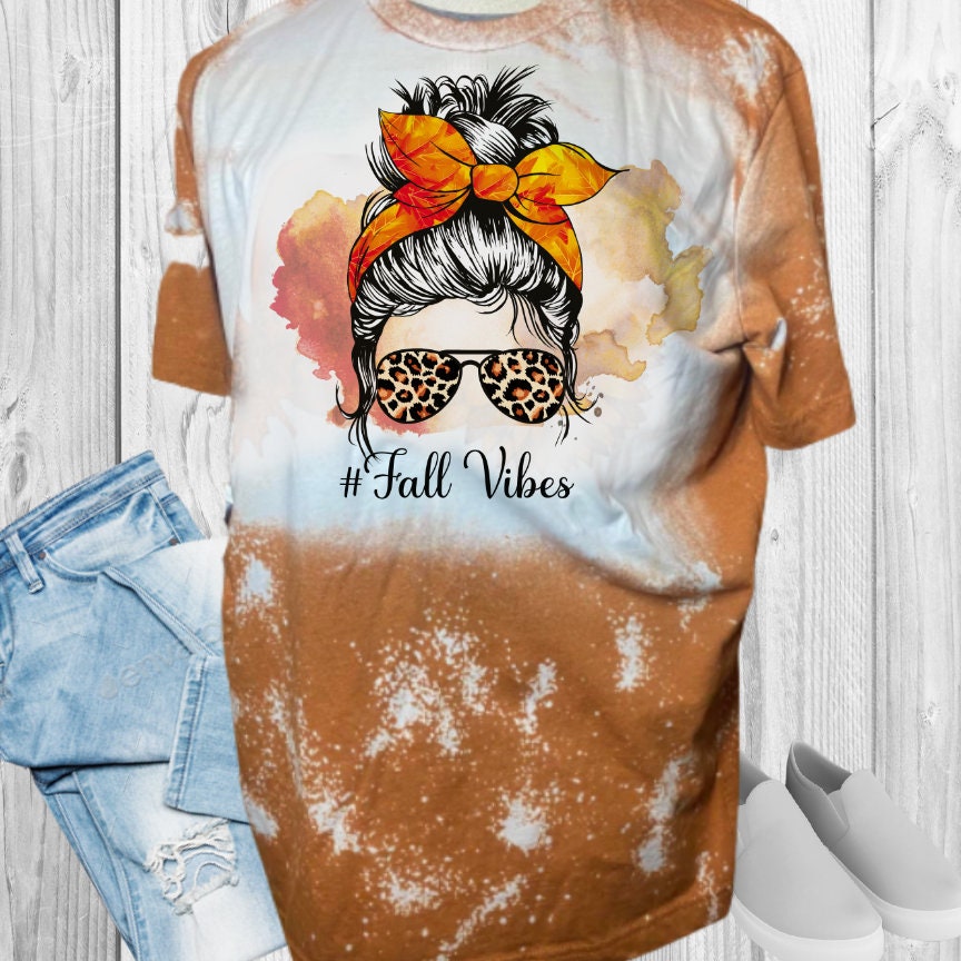 Fall Vibes Messy Bun Mom Leopard Fall Bleached T-Shirt
