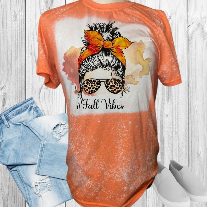 Fall Vibes Messy Bun Mom Leopard Fall Bleached T-Shirt