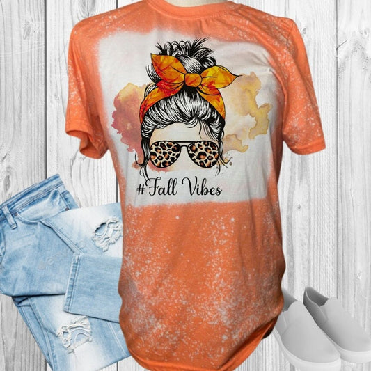 Fall Vibes Messy Bun Mom Leopard Fall Bleached T-Shirt