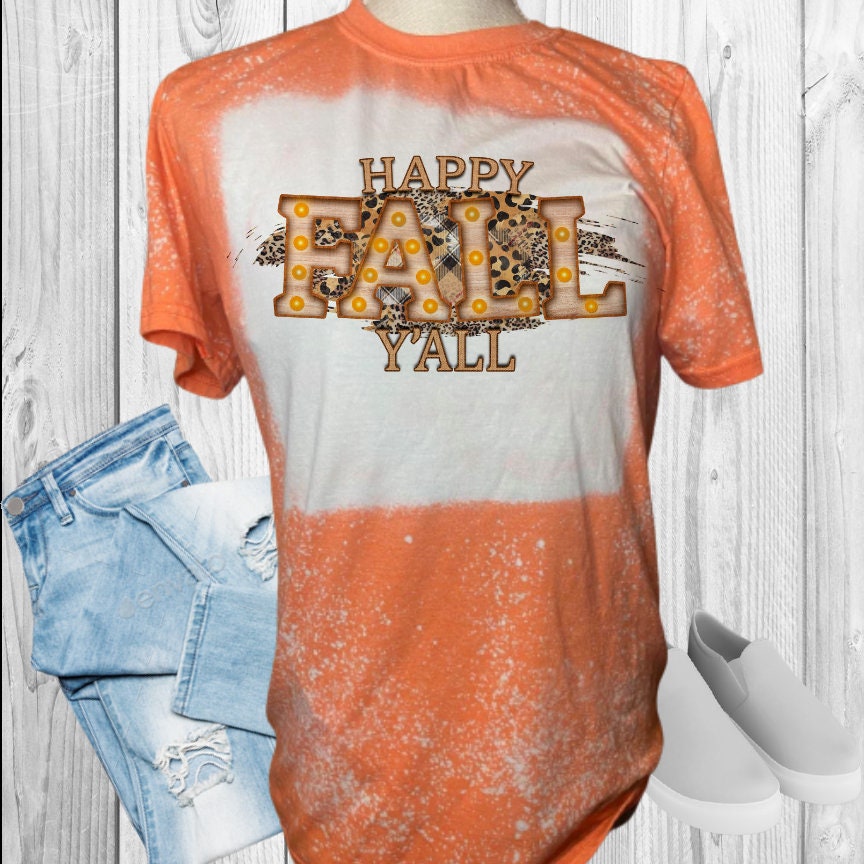 Happy Fall Y'All Leopard Marquee Letters Fall Bleached T-Shirt