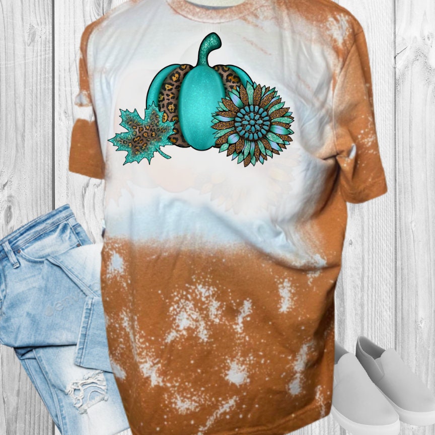 Teal Pumpkin Sunflower Leopard Print Fall Bleached T-Shirt