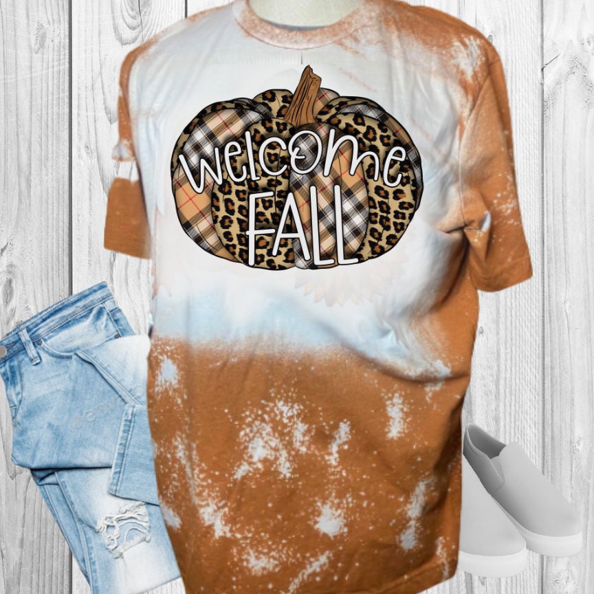 Welcome Fall Leopard Plaid Pumpkin Bleached T-Shirt