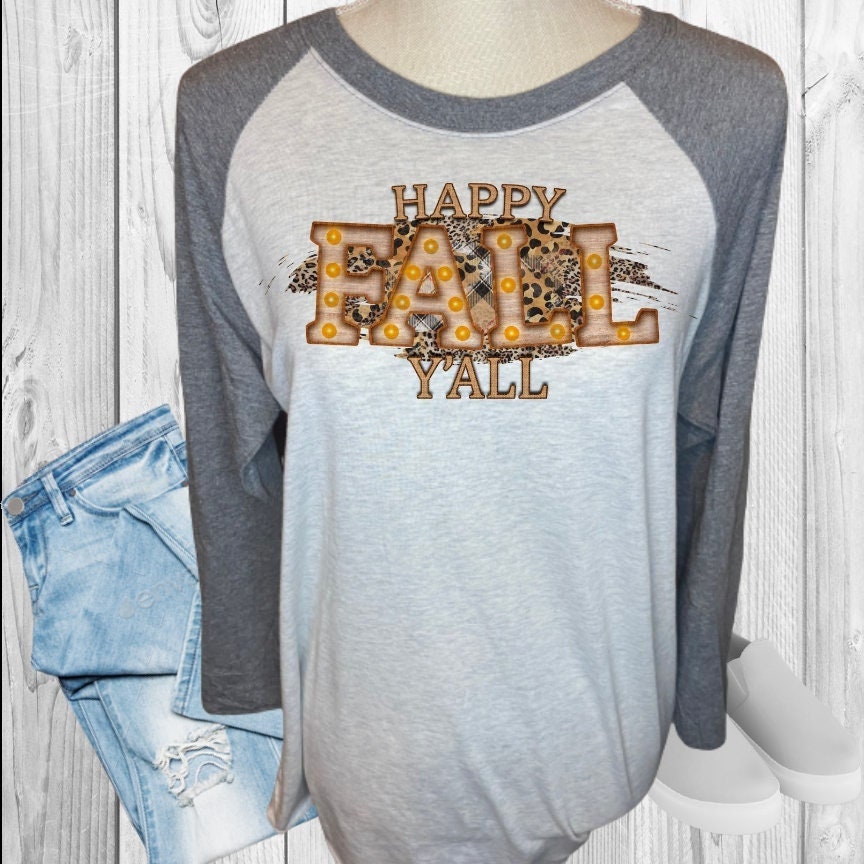 Happy Fall Y'All Leopard Cheetah Marquee Letters Fall Raglan