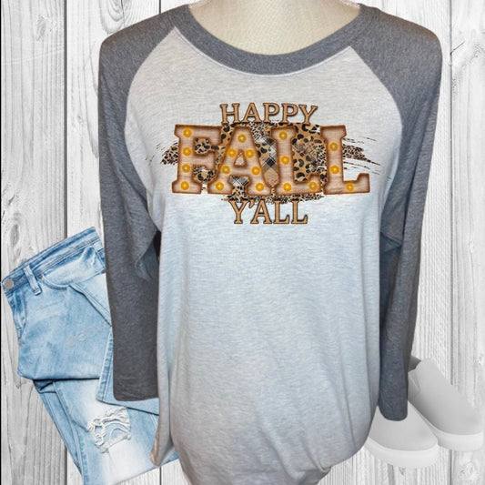 Happy Fall Y'All Leopard Cheetah Marquee Letters Fall Raglan