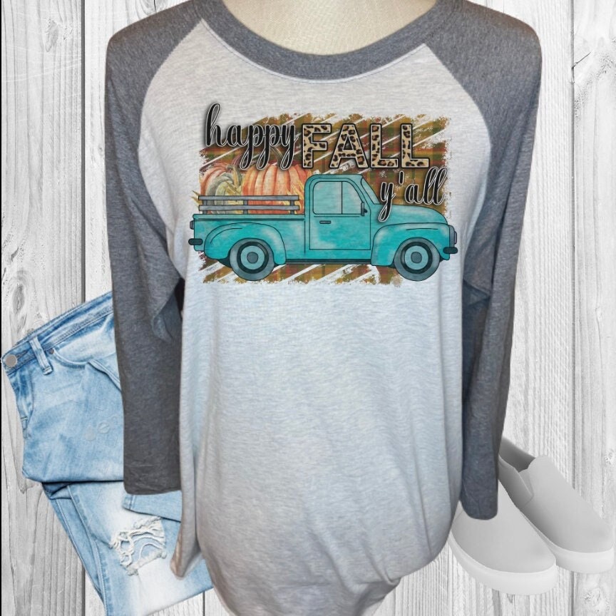 Happy Fall Y'All Teal Truck Leopard Cheetah Fall Raglan