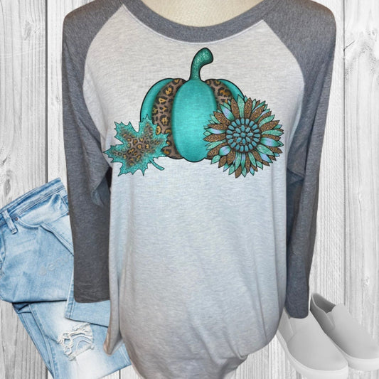 Teal Leopard Cheetah Pumpkin Sunflower Leaf Raglan