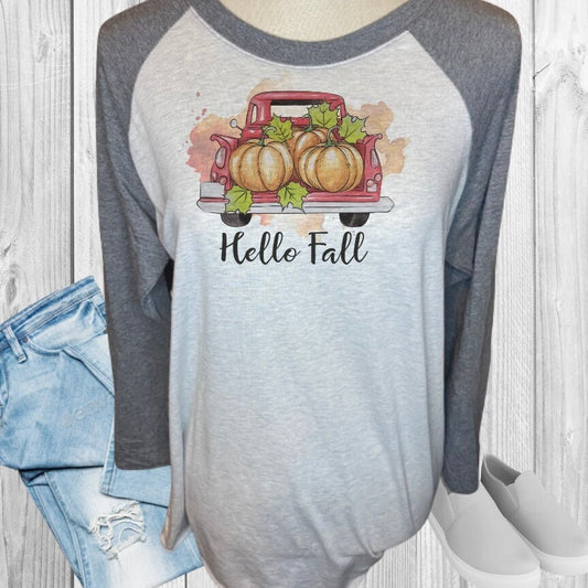 Hello Fall Red Truck Pumpkin Fall Raglan