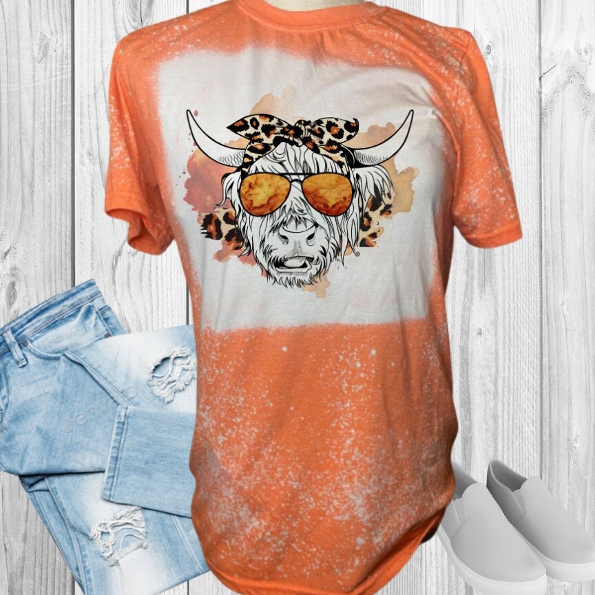Highland Cow Fall Leopard Print Bandana Bleached T-Shirt