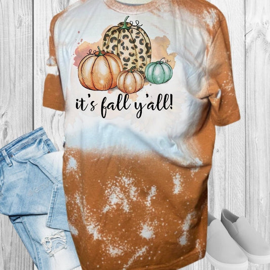 It's Fall Y'All Leopard Teal Pumpkins Bleached T-Shirt