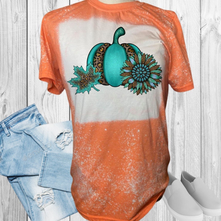 Teal Pumpkin Sunflower Leopard Print Fall Bleached T-Shirt