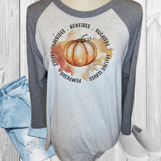 Bonfires Sweaters Falling Leaves Pumpkins Cider Hayrides Fall Raglan Shirt