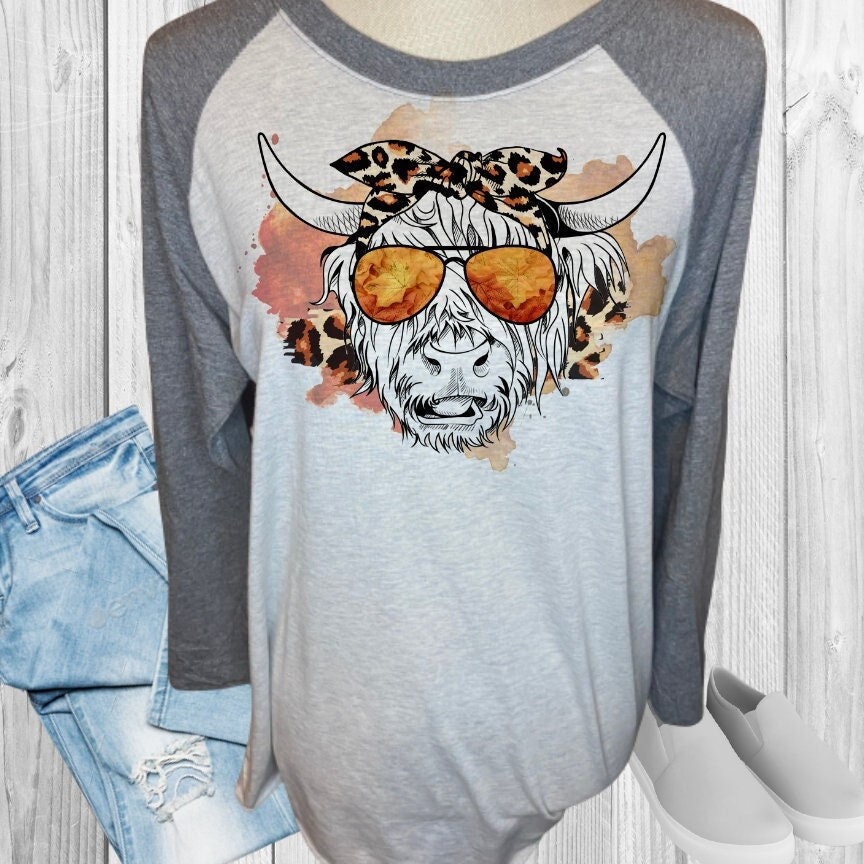 Highland Cow Leopard Cheetah Bandana Fall Raglan