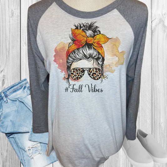 Fall Vibes Messy Bun Mom Leopard Cheetah Fall Raglan