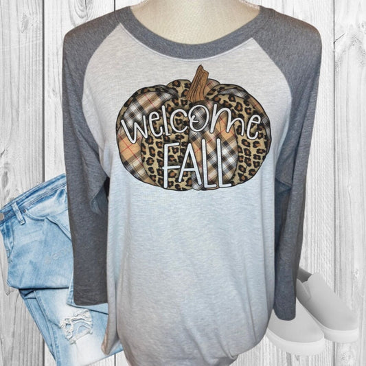 Welcome Fall Leopard Plaid Pumpkin Raglan
