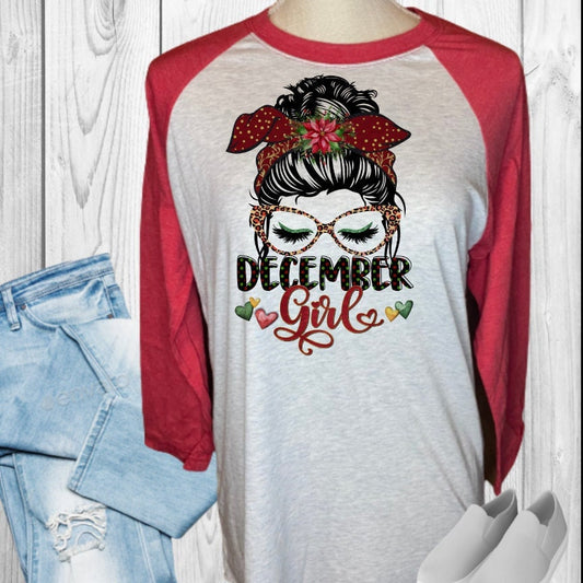 December Girl Messy Bun Girl Raglan