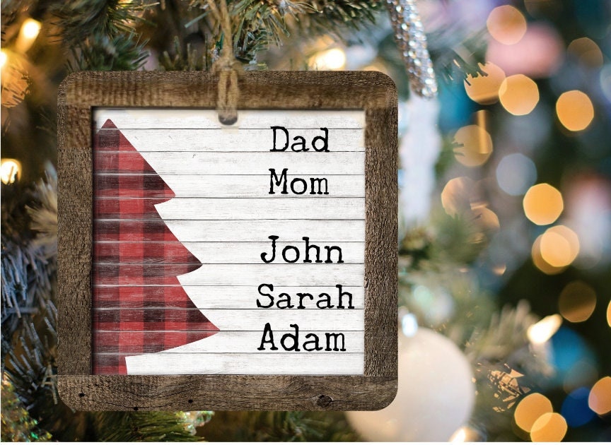 Red and Black Plaid Tree Family Name Wood Christmas Ornament/Tiered Tray Decoration