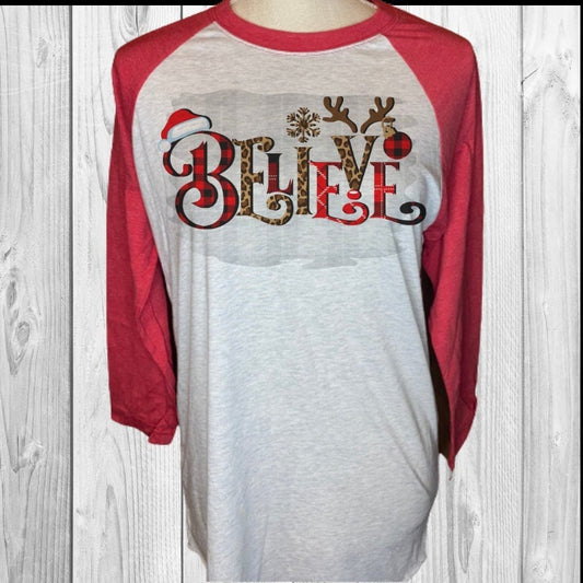 Believe Buffalo Plaid Leopard Cheetah Christmas Raglan