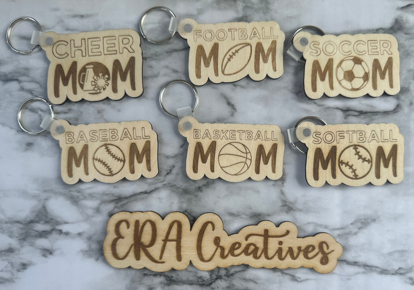 Sport Mom Keychains laser Cut Engraved.