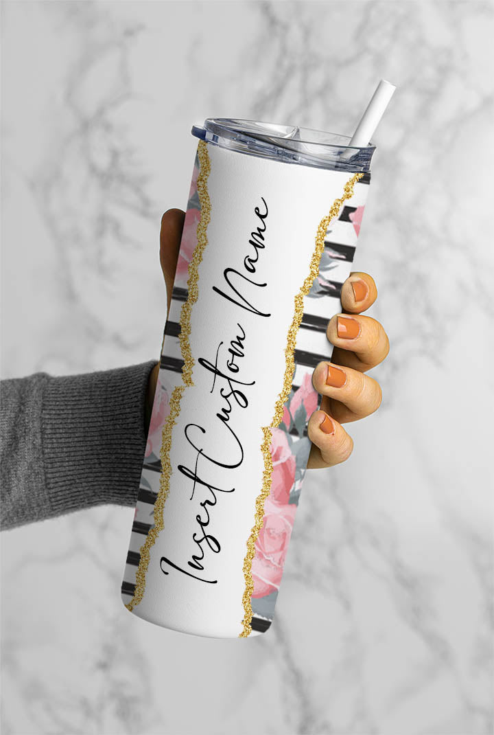 Floral Stripe Name Tumbler