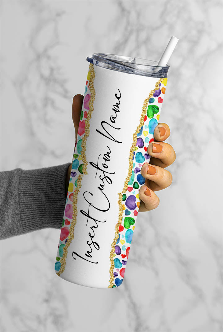 Colorful Hearts Name Tumbler