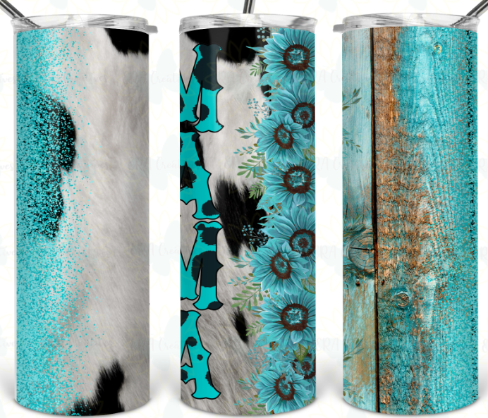 Mama Teal Cow Print Sunflower Tumbler