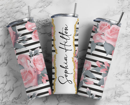 Floral Stripe Name Tumbler