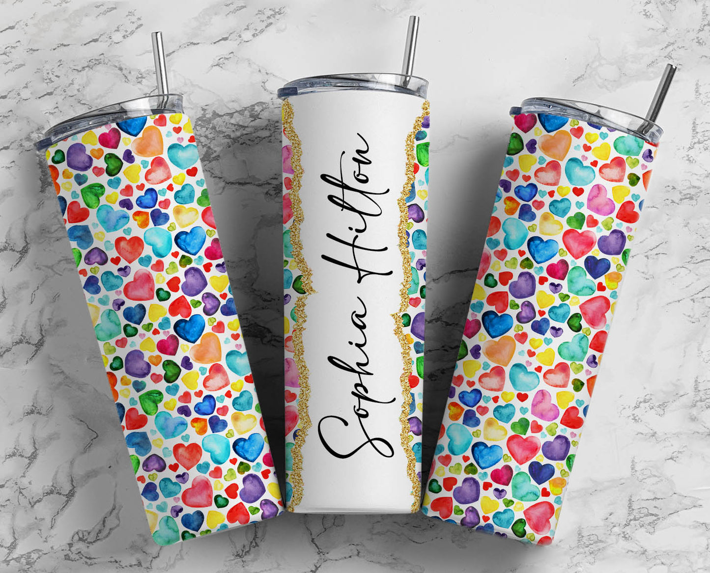 Colorful Hearts Name Tumbler