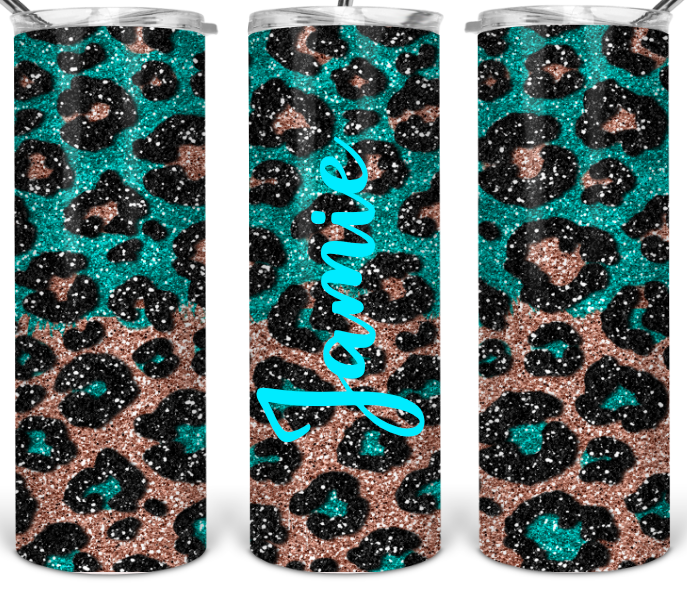 Teal and Rose Gold Leopard Cheetah Glitter Personalized Tumbler