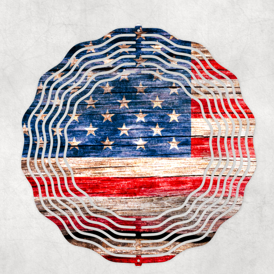 American Flag Wooden Rustic Style Wind Spinner