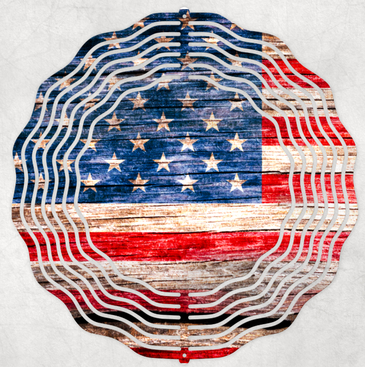 American Flag Wooden Rustic Style Wind Spinner