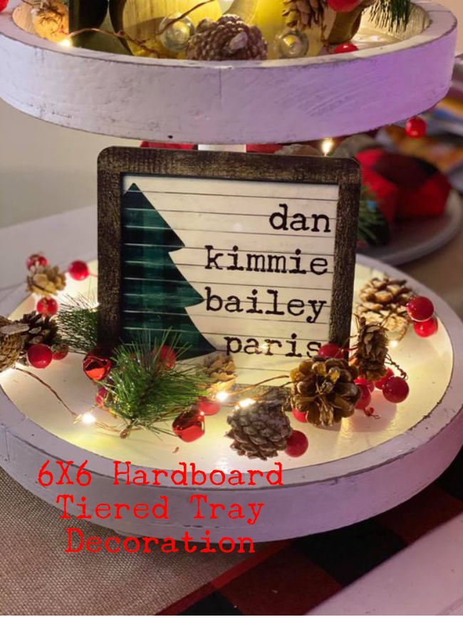 Red and Black Plaid Tree Family Name Wood Christmas Ornament/Tiered Tray Decoration
