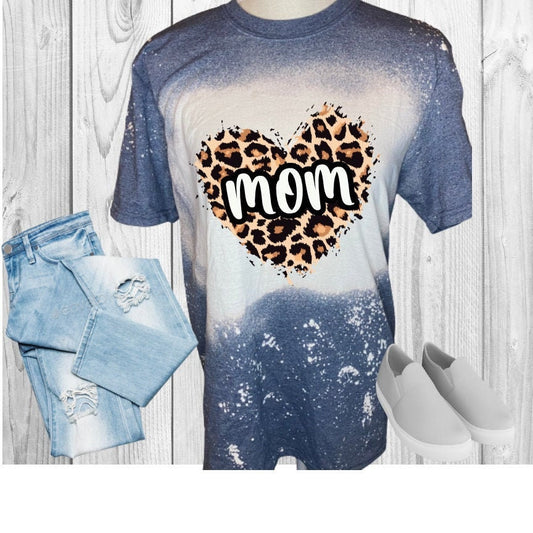 Leopard Mom Heart Bleached T-Shirt