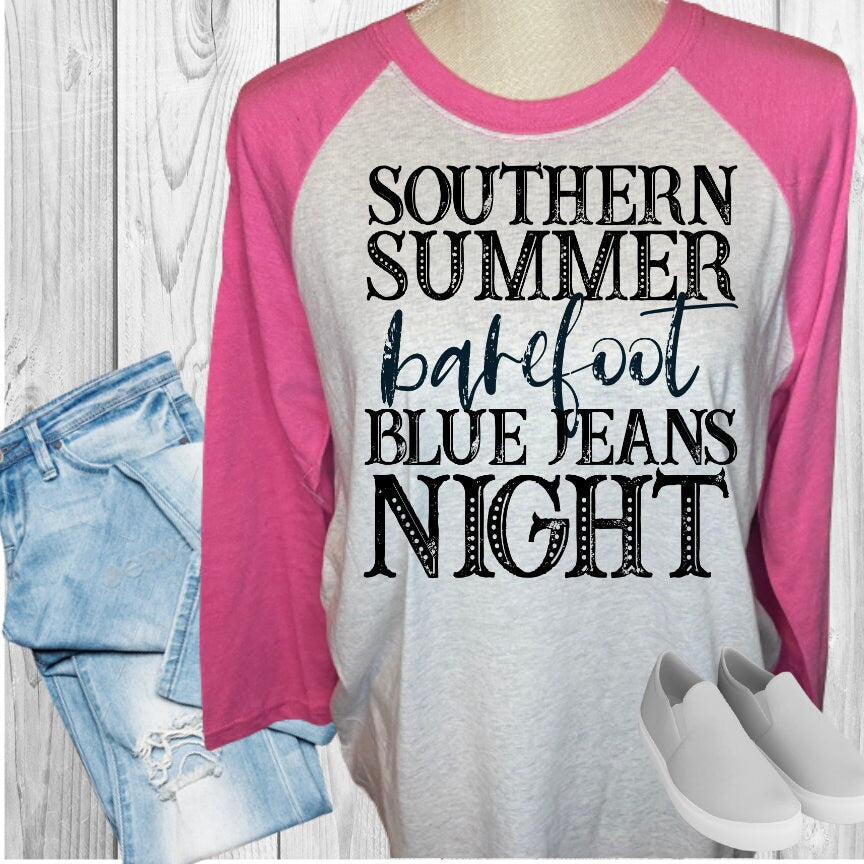 Southern Summer Barefoot Blue Jeans Night Raglan