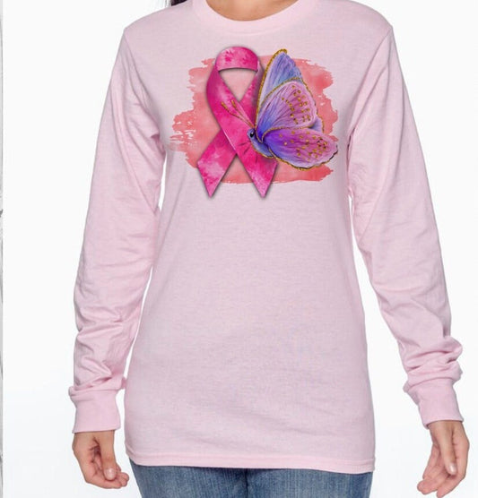 Breast Cancer Ribbon With Butterfly T-Shirt/Long Sleeve