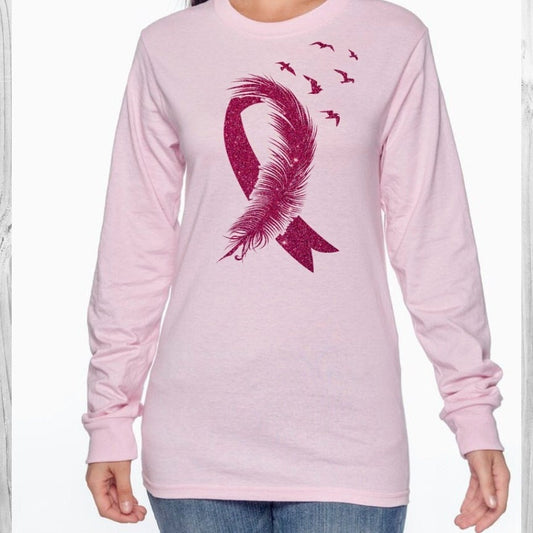 Breast Cancer Ribbon Feather T-Shirt/Long Sleeve Shirt