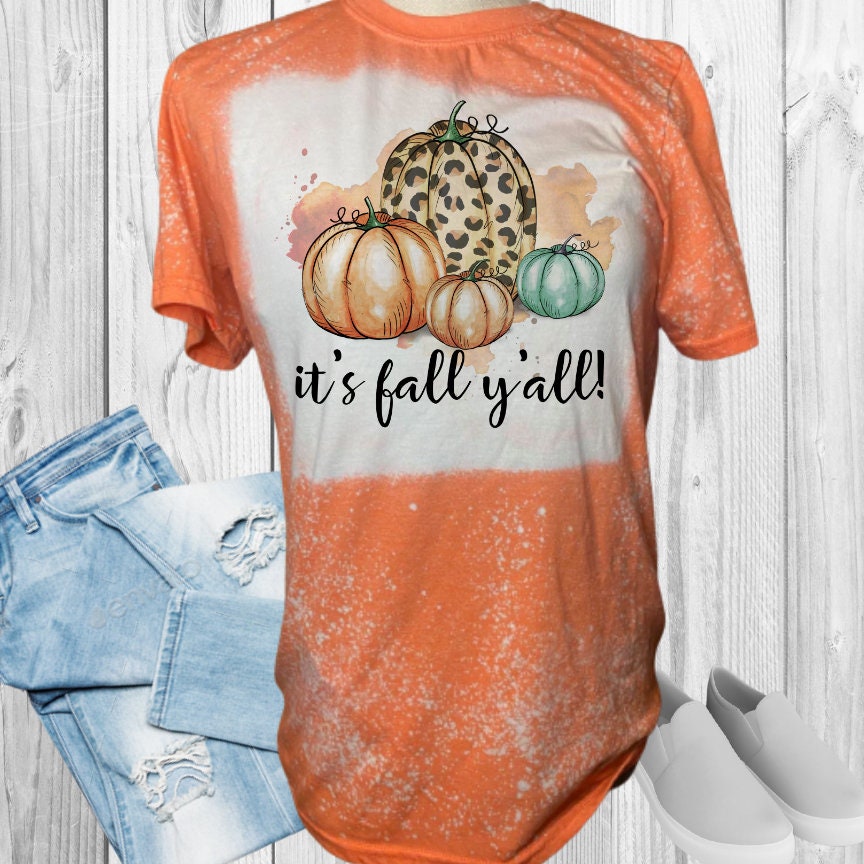 It's Fall Y'All Leopard Teal Pumpkins Bleached T-Shirt