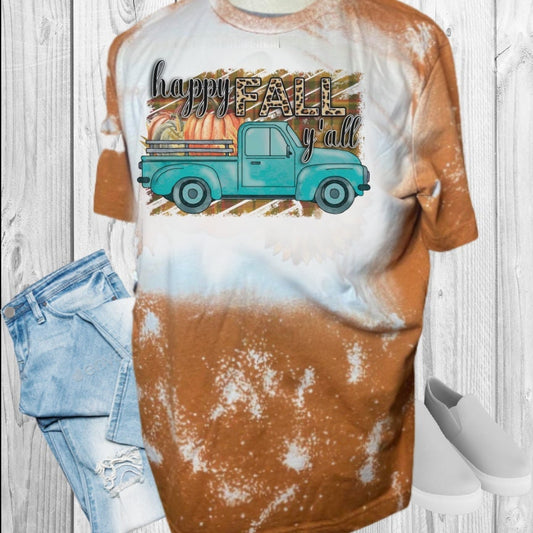 HAPPY FALL Y'All Truck Leopard Print Fall Bleached T-Shirt