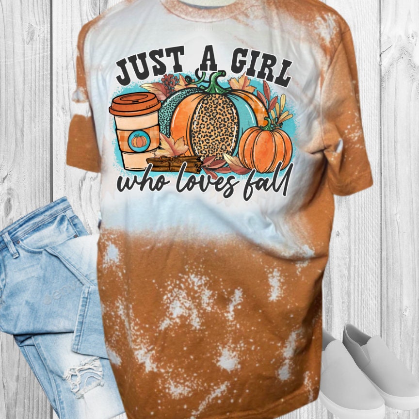 Just A Girl Who Loves Fall Leopard and Teal Pumpkin Bleached T-Shirt