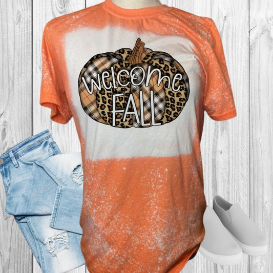 Welcome Fall Leopard Plaid Pumpkin Bleached T-Shirt