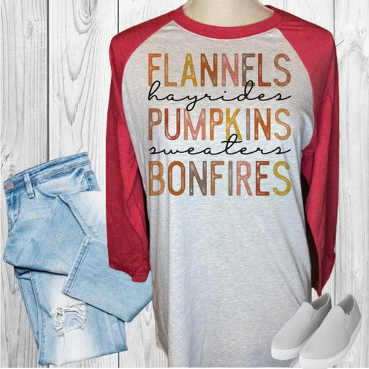 Flannels Hayrides Pumpkins Sweaters Bonfires Fall Raglan