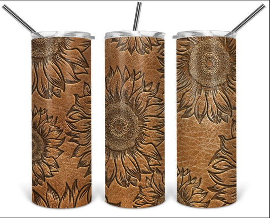 Sunflower Engraved Leather Look Tumbler