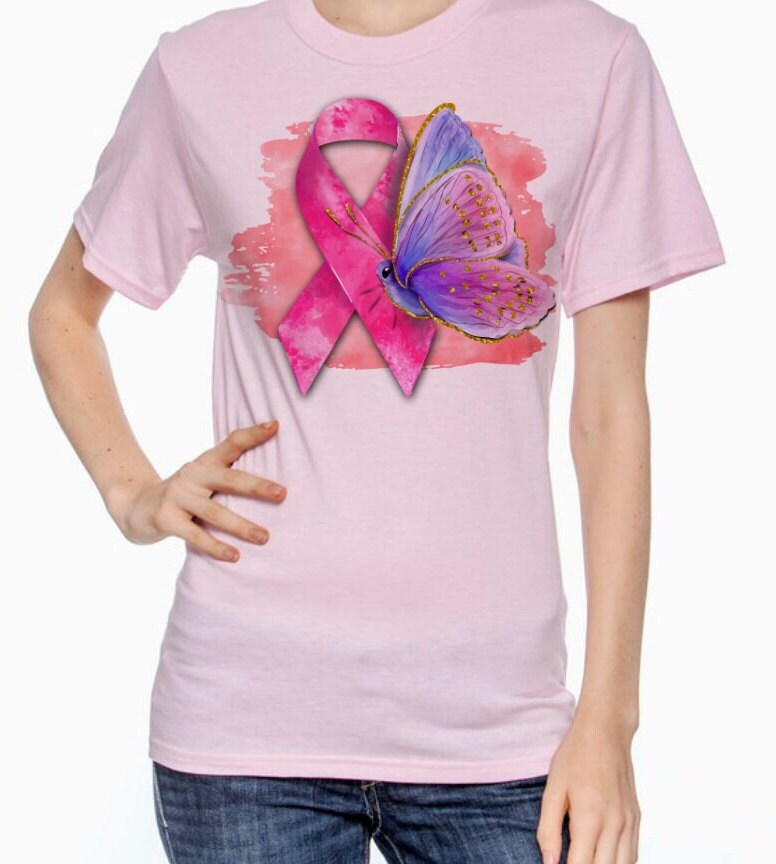 Breast Cancer Ribbon With Butterfly T-Shirt/Long Sleeve