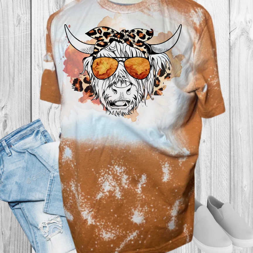 Highland Cow Fall Leopard Print Bandana Bleached T-Shirt
