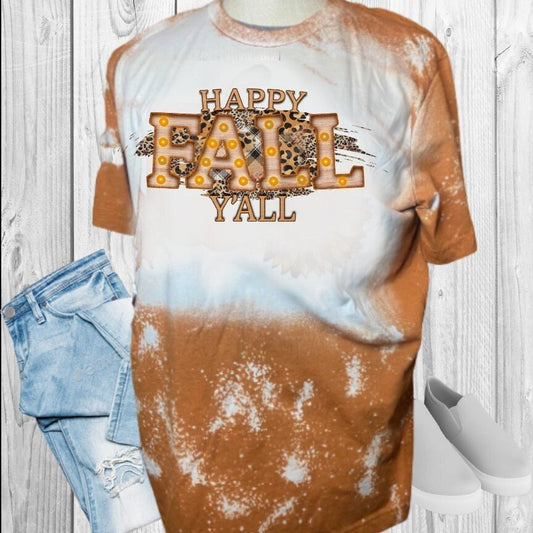 Happy Fall Y'All Leopard Marquee Letters Fall Bleached T-Shirt