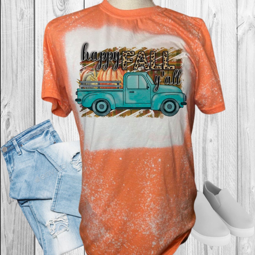 HAPPY FALL Y'All Truck Leopard Print Fall Bleached T-Shirt