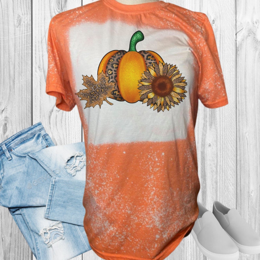 Orange Pumpkin Sunflower Leopard Bleached T-Shirt