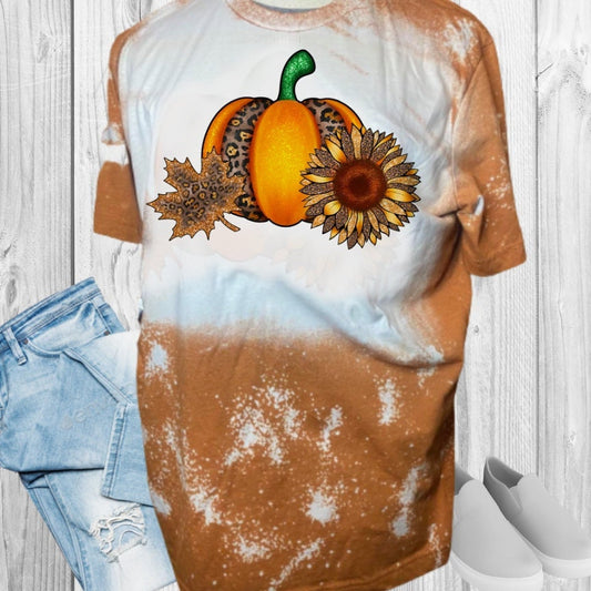 Orange Pumpkin Sunflower Leopard Bleached T-Shirt